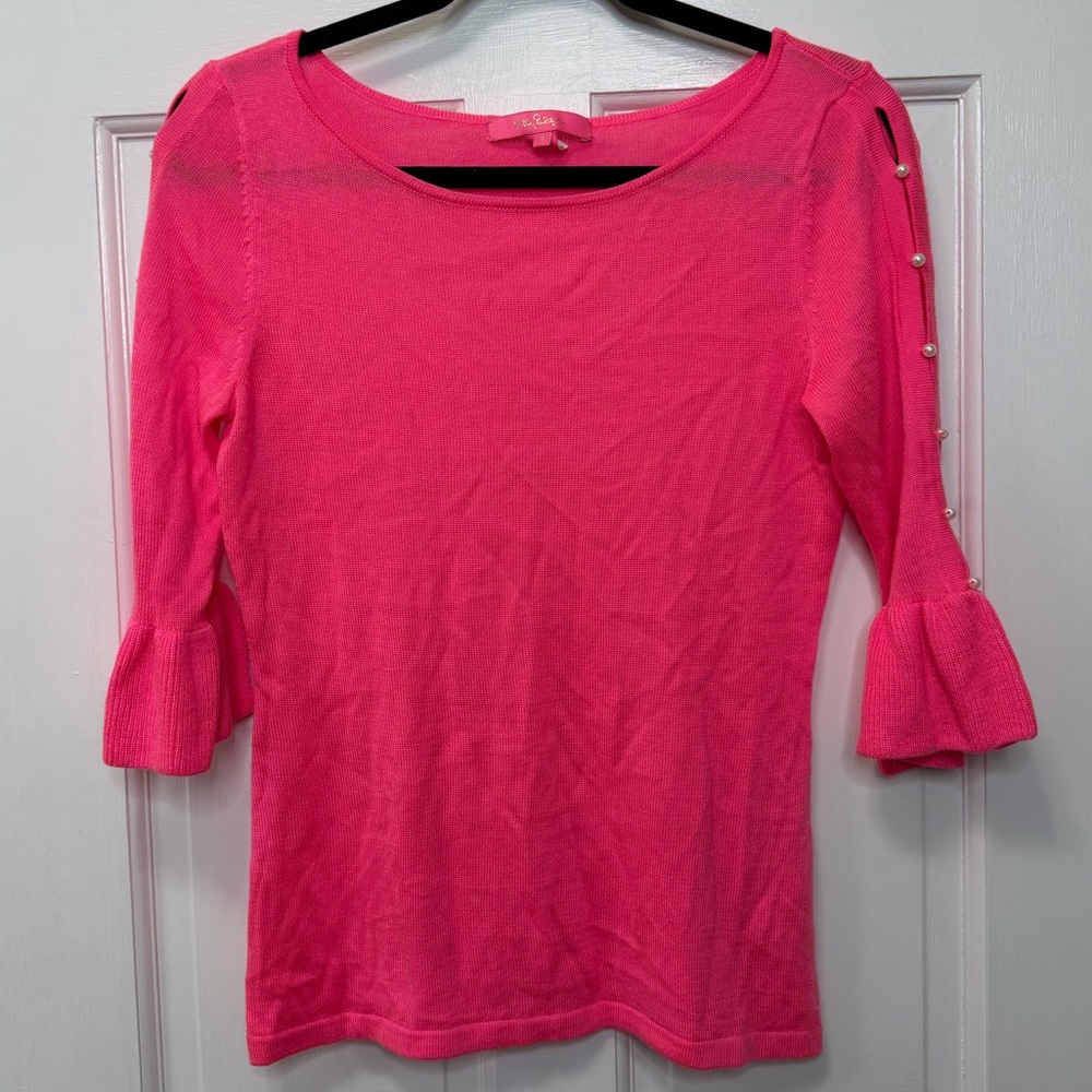 Lilly Pulitzer Knit Sweater Hot Pink Pearl Sleeve Detail Boatneck Top Size Small